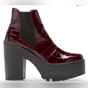 TOPSHOP Women's Burgundy Croc-Embossed Platform Boots
